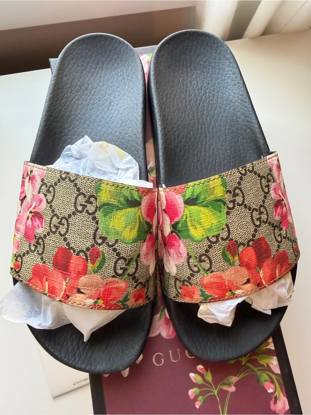 Gucci Floral GG Canvas Slide Sandals - Brown with Multicolor Flowers
